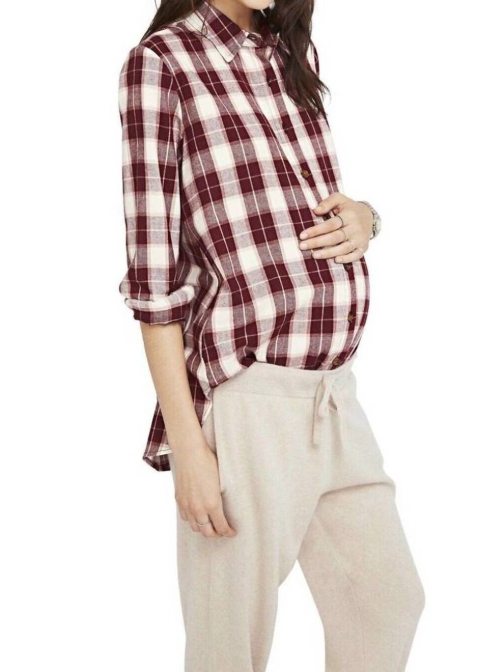 Hatch Pink Plaid Button Down Flannel Maternity Top